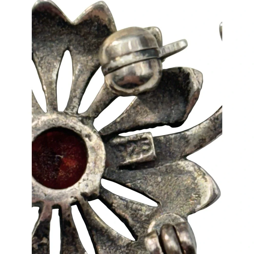 Vintage Sterling Silver 925 Red Stone Marcasite Peacock Bird Dainty Brooch Pin